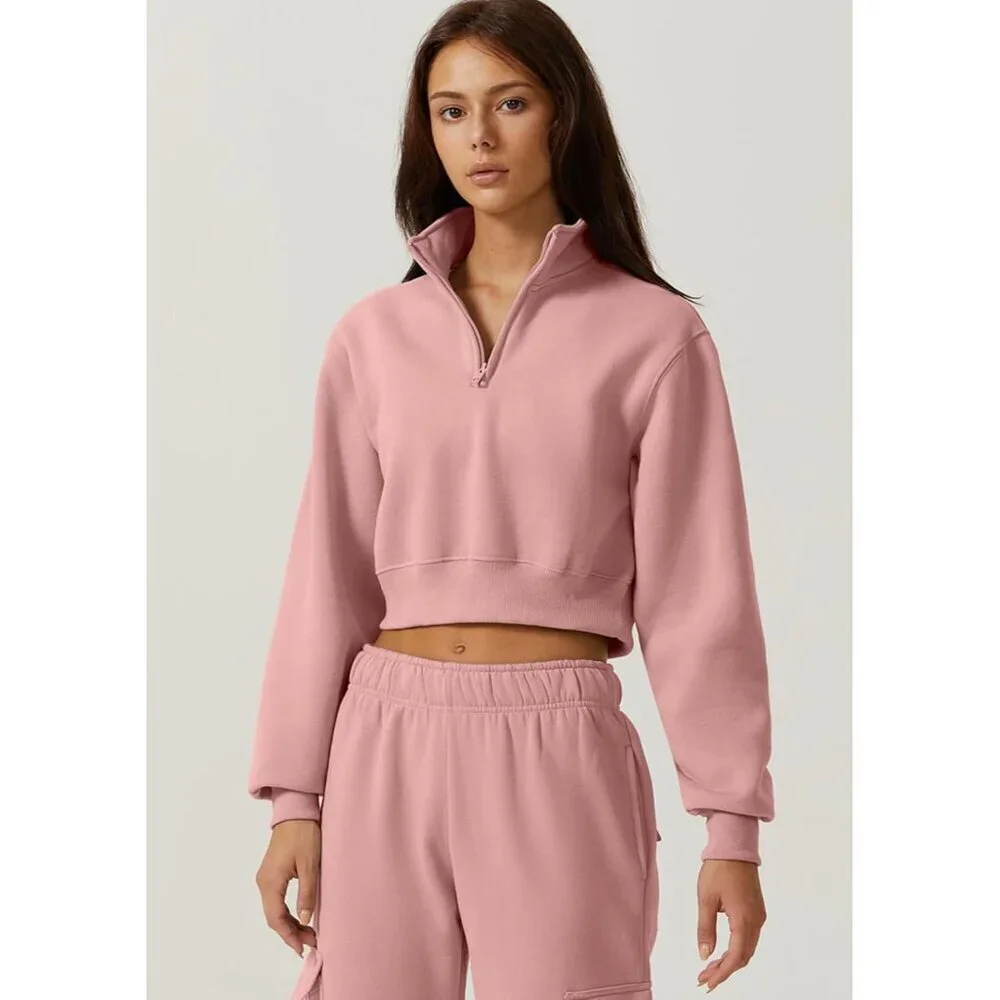 Womens Crop Sweatshirt Half Zip High Neck Long Sleeve Fleece Top